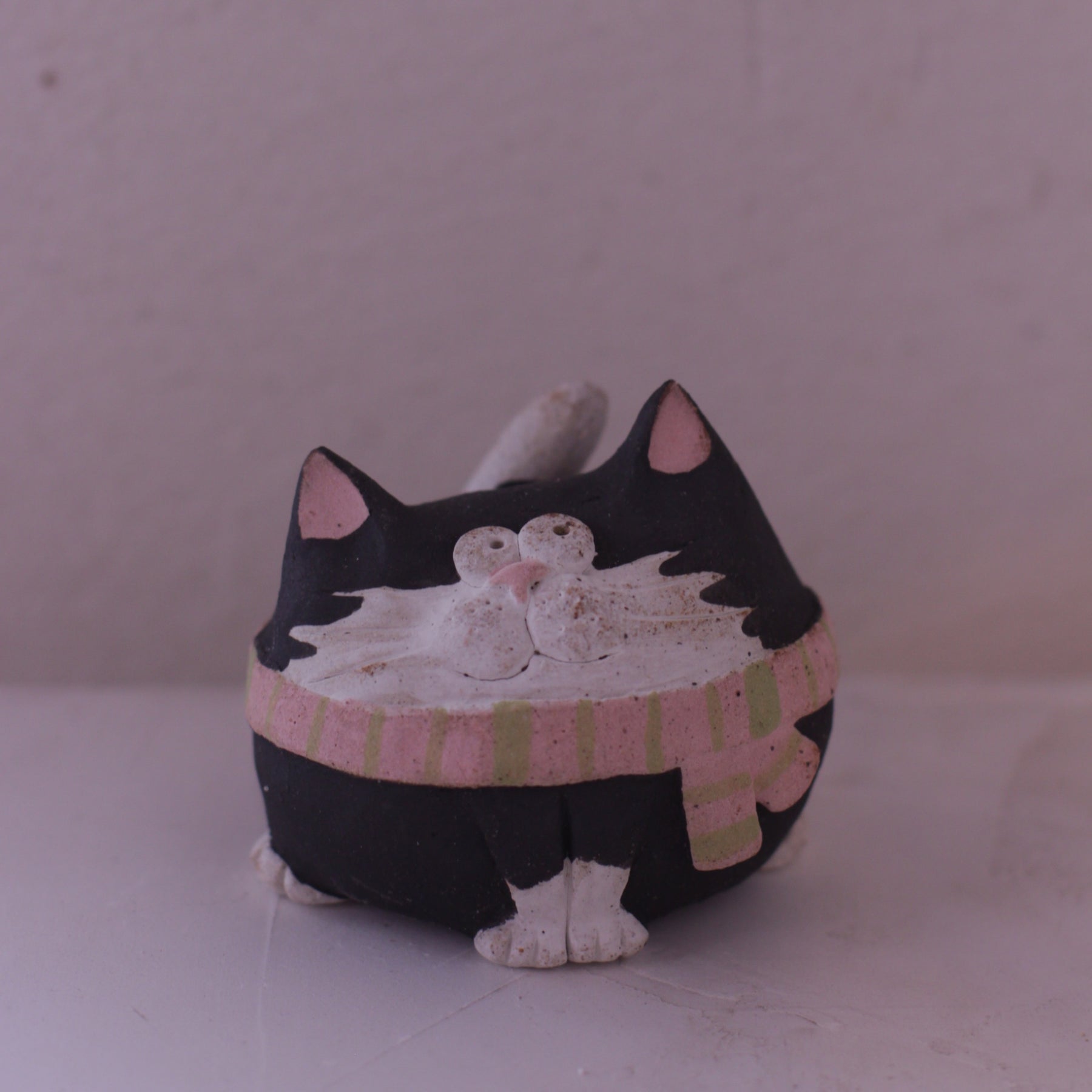 Handmade Clay Cat Figurine in black and white with pink striped scarf by Various Artist