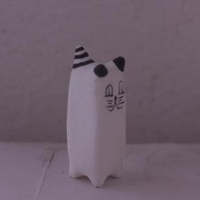 Handmade Clay Cat Figurine with black and white painted details by various artist