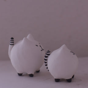 Handmade Clay Cat Figurine set with white round bodies and striped tails by various artist